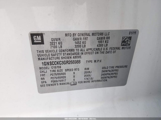 45422296 :رقم المزاد ، 1GNSCCKC3GR266988 vin ، 2016 Chevrolet Tahoe Ltz مزاد بيع