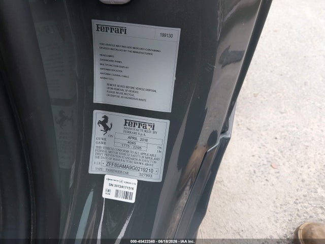Продажа на аукционе авто 2016 Ferrari 488 Spider, vin: ZFF80AMA9G0219210, номер лота: 45422340