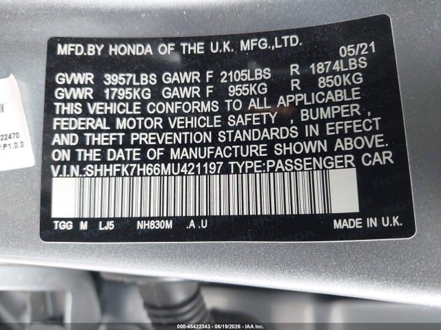 Honda CIVIC EX 2021 SHHFK7H66MU421197 Image 9