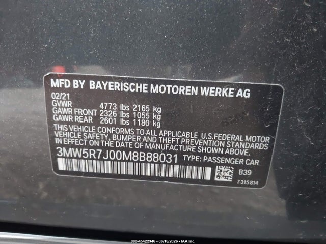 Aukcja sprzedaży 2021 Bmw 330i Xdrive, vin: 3MW5R7J00M8B88031, numer aukcji: 45422346