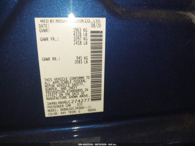 2020 Nissan Altima S Fwd მანქანა იყიდება აუქციონზე, vin: 1N4BL4BV6LC274277, აუქციონის ნომერი: 45422354