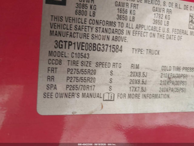 Продажа на аукционе авто 2011 Gmc Sierra 1500 Sle, vin: 3GTP1VE08BG371584, номер лота: 45422358