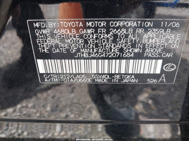 45422369 :رقم المزاد ، JTHBJ46G472071684 vin ، 2007 Lexus Es 350 مزاد بيع