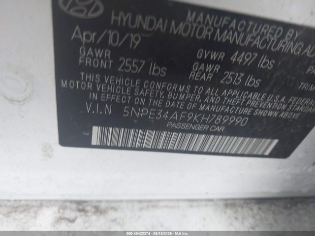 Aukcja sprzedaży 2019 Hyundai Sonata Limited, vin: 5NPE34AF9KH789990, numer aukcji: 45422374