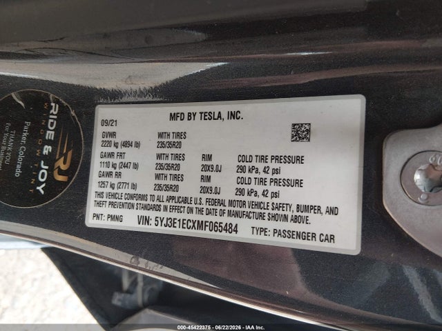 Aukcja sprzedaży 2021 Tesla Model 3 Performance Dual Motor All-wheel Drive, vin: 5YJ3E1ECXMF065484, numer aukcji: 45422375