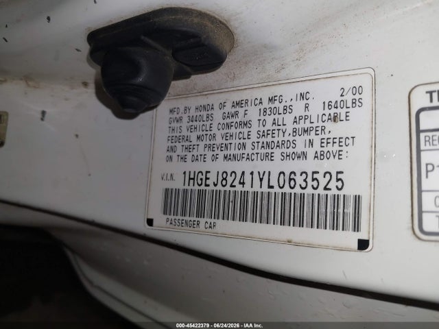 Продаж на аукціоні авто 2000 Honda Civic Ex, vin: 1HGEJ8241YL063525, номер лоту: 45422379