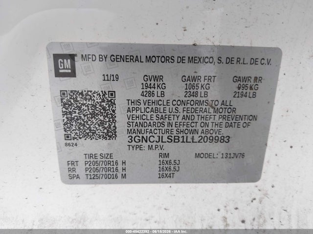 Продаж на аукціоні авто 2020 Chevrolet Trax Fwd Lt, vin: 3GNCJLSB1LL209983, номер лоту: 45422392