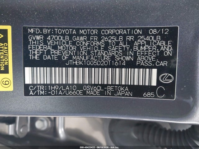 Aukcja sprzedaży 2013 Lexus Es 350, vin: JTHBK1GG5D2011614, numer aukcji: 45422422