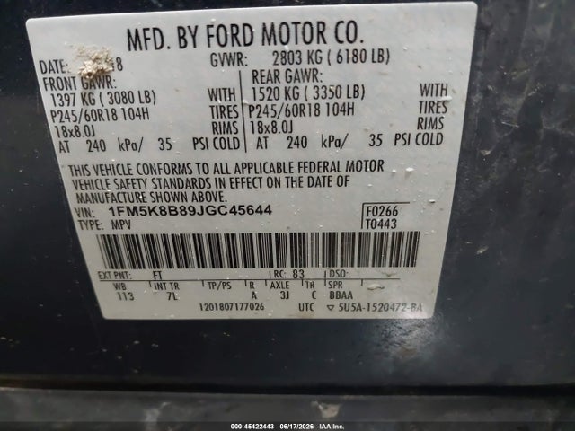 1FM5K8B89JGC45644 Ford Explorer
