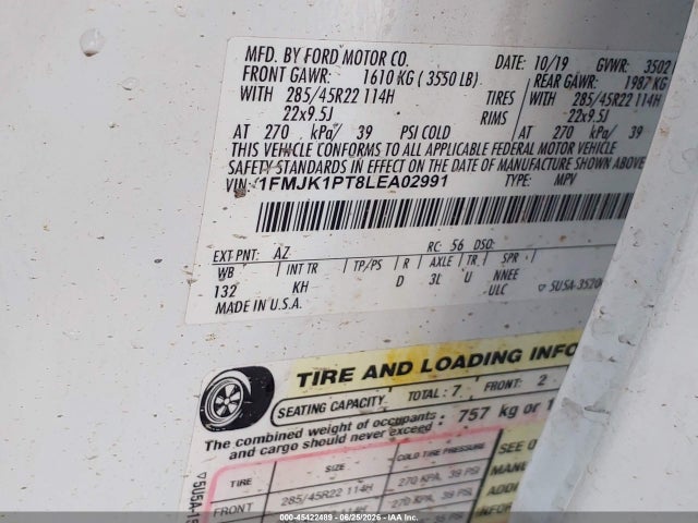 2020 Ford Expedition King Ranch Max მანქანა იყიდება აუქციონზე, vin: 1FMJK1PT8LEA02991, აუქციონის ნომერი: 45422489