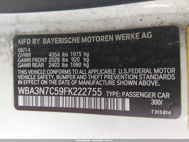45422495 :رقم المزاد ، WBA3N7C59FK222755 vin ، 2015 Bmw 428i مزاد بيع