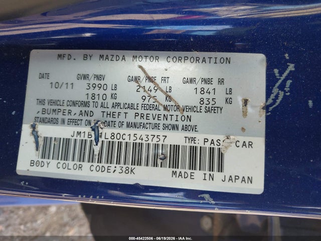 Auction sale of the 2012 Mazda Mazda3 I Touring, vin: JM1BL1L80C1543757, lot number: 45422506