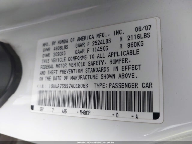 45422509 :رقم المزاد ، 19UUA76597A048063 vin ، 2007 Acura Tl Type S مزاد بيع