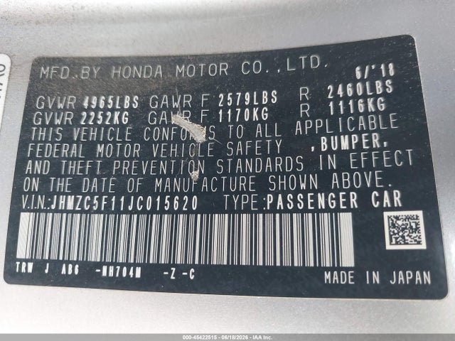 JHMZC5F11JC015620 Honda CLARITY PLUG-IN HYBRID