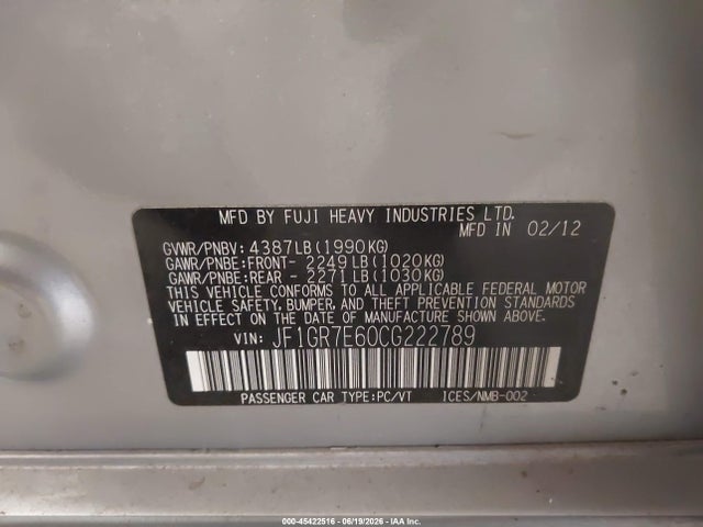45422516 :رقم المزاد ، JF1GR7E60CG222789 vin ، 2012 Subaru Impreza Wrx Limited مزاد بيع
