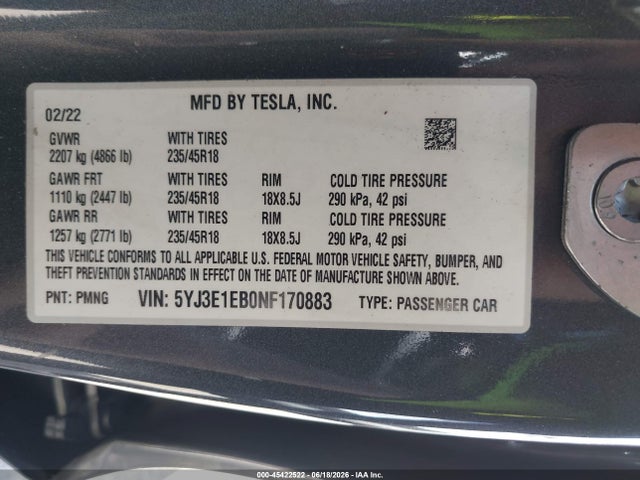 5YJ3E1EB0NF170883 Tesla Model 3 Long Range Dual Motor All-wheel Drive