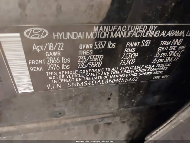2022 Hyundai Santa Fe Limited მანქანა იყიდება აუქციონზე, vin: 5NMS4DAL8NH456462, აუქციონის ნომერი: 45422542