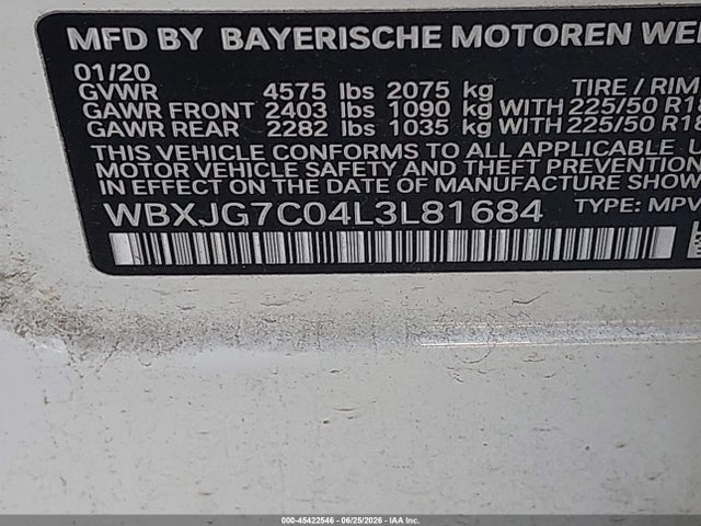 45422546 :رقم المزاد ، WBXJG7C04L3L81684 vin ، 2020 Bmw X1 Sdrive28i مزاد بيع