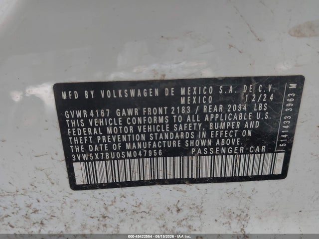 2025 Volkswagen Jetta 1.5t S მანქანა იყიდება აუქციონზე, vin: 3VW5X7BU0SM047956, აუქციონის ნომერი: 45422554