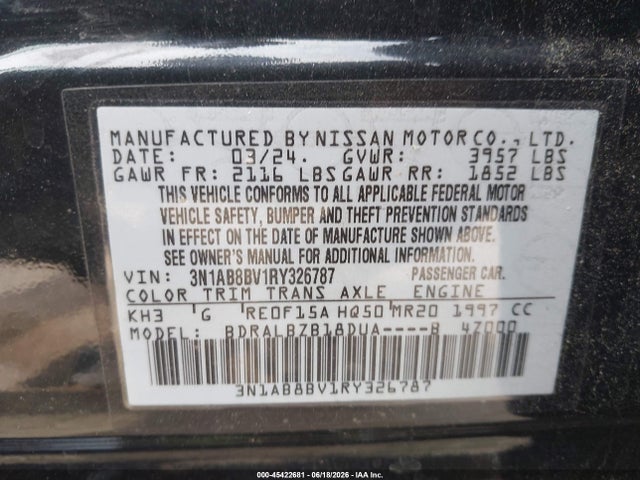 2024 Nissan Sentra S Xtronic Cvt მანქანა იყიდება აუქციონზე, vin: 3N1AB8BV1RY326787, აუქციონის ნომერი: 45422681