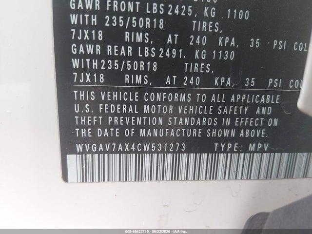 Продажа на аукционе авто 2012 Volkswagen Tiguan Le/s/se/sel, vin: WVGAV7AX4CW531273, номер лота: 45422715