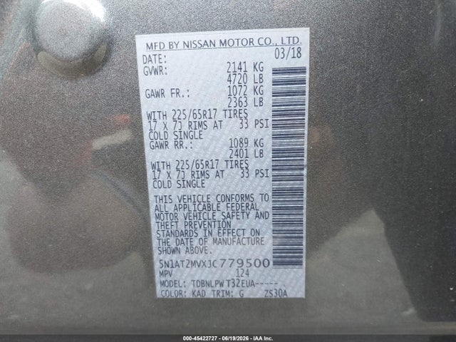 2018 Nissan Rogue S მანქანა იყიდება აუქციონზე, vin: 5N1AT2MVXJC779500, აუქციონის ნომერი: 45422727
