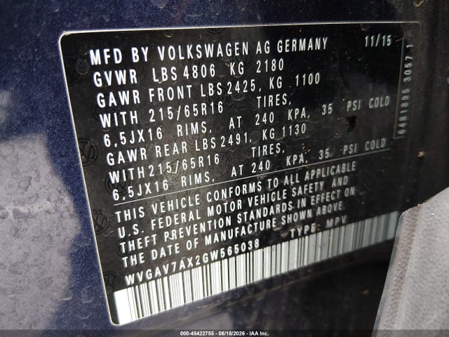WVGAV7AX2GW565038 Volkswagen TIGUAN S