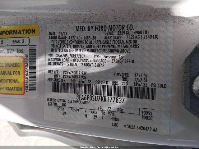 Ford Fusion Energi Titanium 2019 3FA6P0SU7KR177837 Image 9