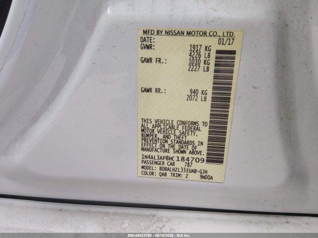 Aukcja sprzedaży 2017 Nissan Altima 2.5 Sr, vin: 1N4AL3AP8HC184709, numer aukcji: 45422780