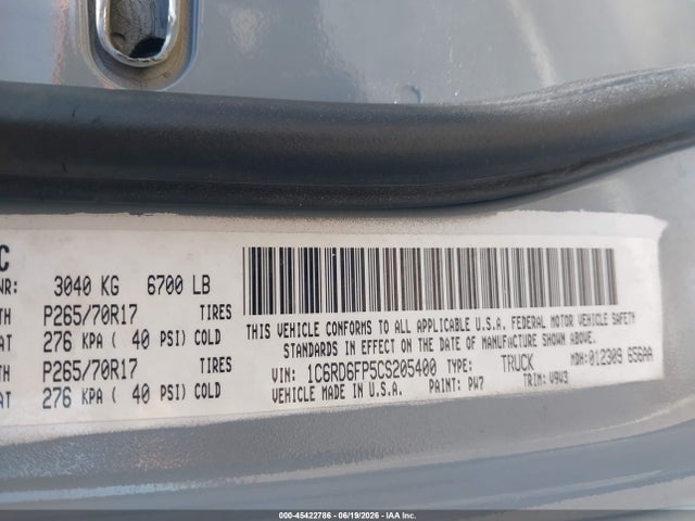 45422786 :رقم المزاد ، 1C6RD6FP5CS205400 vin ، 2012 Ram 1500 St مزاد بيع