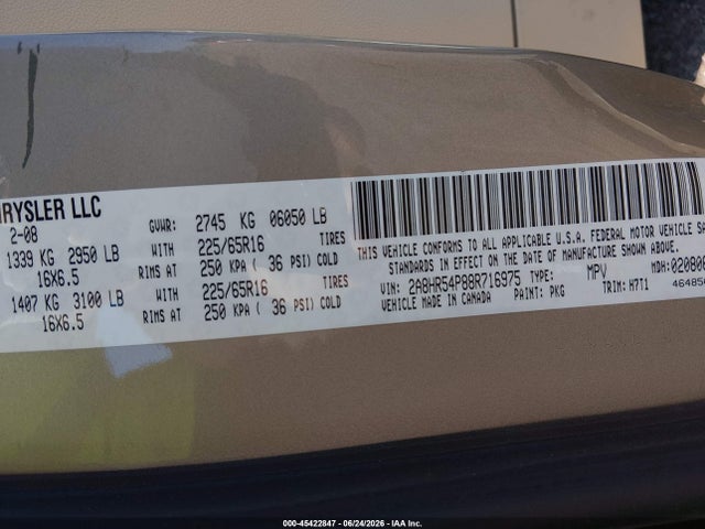 2008 Chrysler Town & Country Touring მანქანა იყიდება აუქციონზე, vin: 2A8HR54P88R716975, აუქციონის ნომერი: 45422847