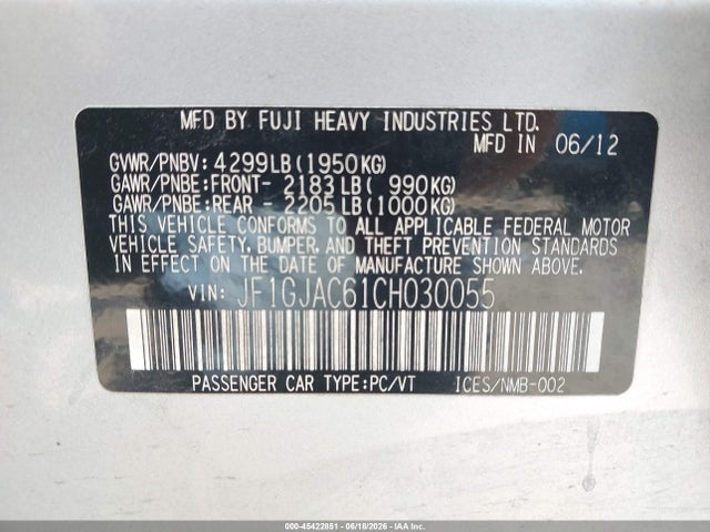 Продаж на аукціоні авто 2012 Subaru Impreza 2.0i Premium, vin: JF1GJAC61CH030055, номер лоту: 45422851