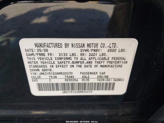 Aukcja sprzedaży 2006 Infiniti G35, vin: JNKCV51E06M520270, numer aukcji: 45422855