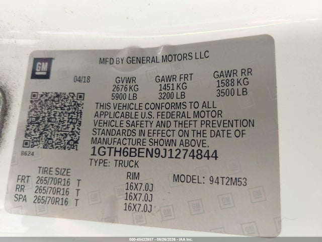 45422857 :رقم المزاد ، 1GTH6BEN9J1274844 vin ، 2018 Gmc Canyon 4wd مزاد بيع