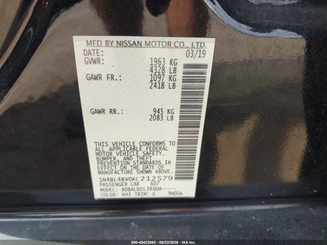 2019 Nissan Altima 2.5 S მანქანა იყიდება აუქციონზე, vin: 1N4BL4BV0KC212579, აუქციონის ნომერი: 45422862