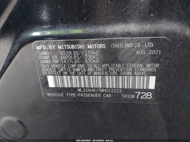 Продаж на аукціоні авто 2021 Mitsubishi Mirage Carbonite Edition/es/le, vin: ML32AUHJ7MH012232, номер лоту: 45422929