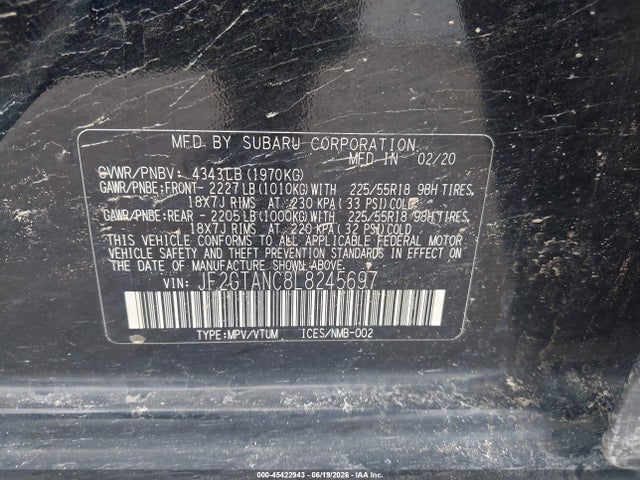 45422943 :رقم المزاد ، JF2GTANC8L8245697 vin ، 2020 Subaru Crosstrek Limited مزاد بيع