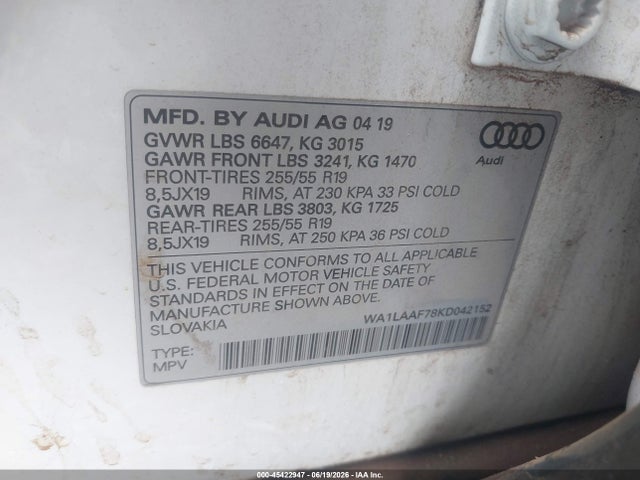 Продаж на аукціоні авто 2019 Audi Q7 55 Premium, vin: WA1LAAF78KD042152, номер лоту: 45422947