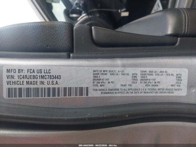 2021 Jeep Grand Cherokee Limited 4x2 მანქანა იყიდება აუქციონზე, vin: 1C4RJEBG1MC783443, აუქციონის ნომერი: 45423000