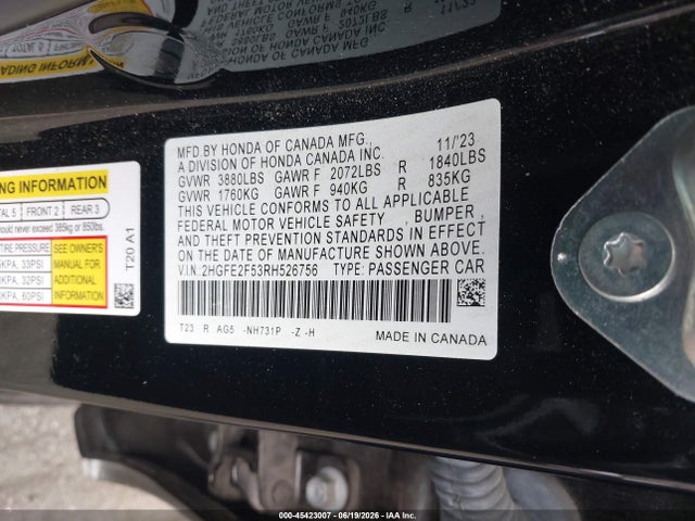 Aukcja sprzedaży 2024 Honda Civic Sport, vin: 2HGFE2F53RH526756, numer aukcji: 45423007