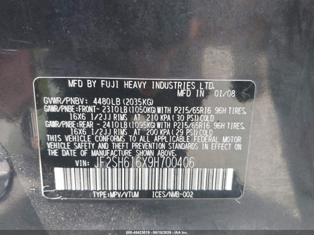 2009 Subaru Forester 2.5x მანქანა იყიდება აუქციონზე, vin: JF2SH616X9H700406, აუქციონის ნომერი: 45423019