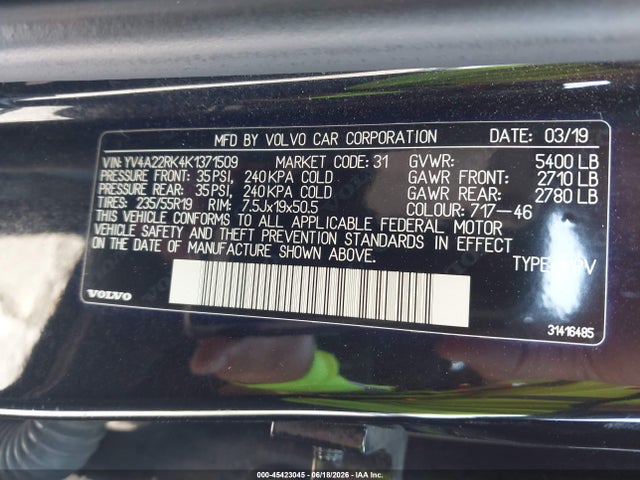 45423045 :رقم المزاد ، YV4A22RK4K1371509 vin ، 2019 Volvo Xc60 T6 Momentum مزاد بيع