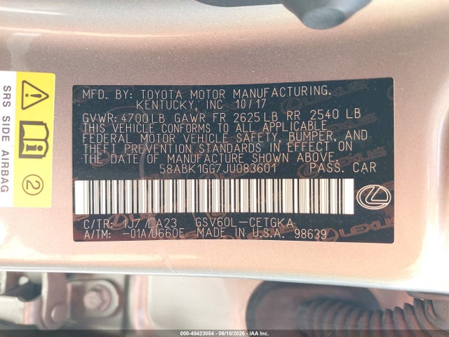 Aukcja sprzedaży 2018 Lexus Es 350, vin: 58ABK1GG7JU083601, numer aukcji: 45423054