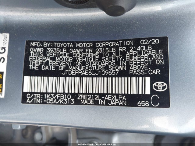 45423064 :رقم المزاد ، JTDEPRAE6LJ109657 vin ، 2020 Toyota Corolla Le مزاد بيع
