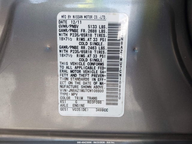 Продажа на аукционе авто 2012 Nissan Murano S, vin: JN8AZ1MU7CW108800, номер лота: 45423086