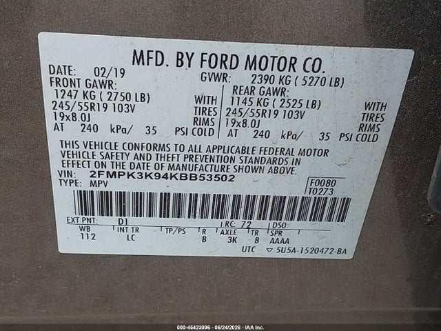 2019 Ford Edge Titanium მანქანა იყიდება აუქციონზე, vin: 2FMPK3K94KBB53502, აუქციონის ნომერი: 45423096