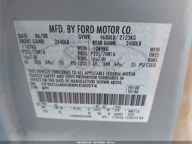 2008 Ford Escape Hybrid მანქანა იყიდება აუქციონზე, vin: 1FMCU49H58KE60574, აუქციონის ნომერი: 45423103