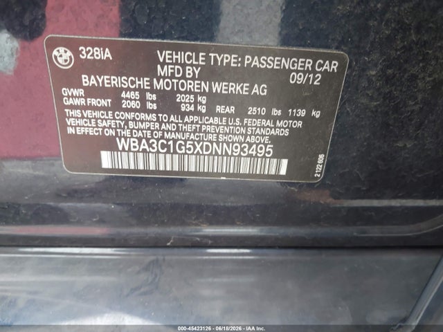 2013 Bmw 328i მანქანა იყიდება აუქციონზე, vin: WBA3C1G5XDNN93495, აუქციონის ნომერი: 45423126