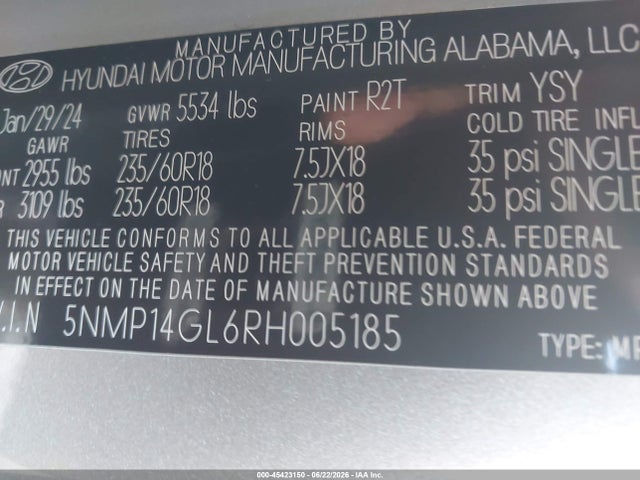 Продажа на аукционе авто 2024 Hyundai Santa Fe Se, vin: 5NMP14GL6RH005185, номер лота: 45423150