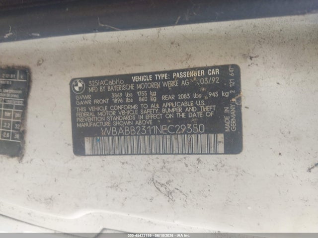 Продажа на аукционе авто 1992 Bmw 325 Ic Automatic, vin: WBABB2311NEC29350, номер лота: 45423155